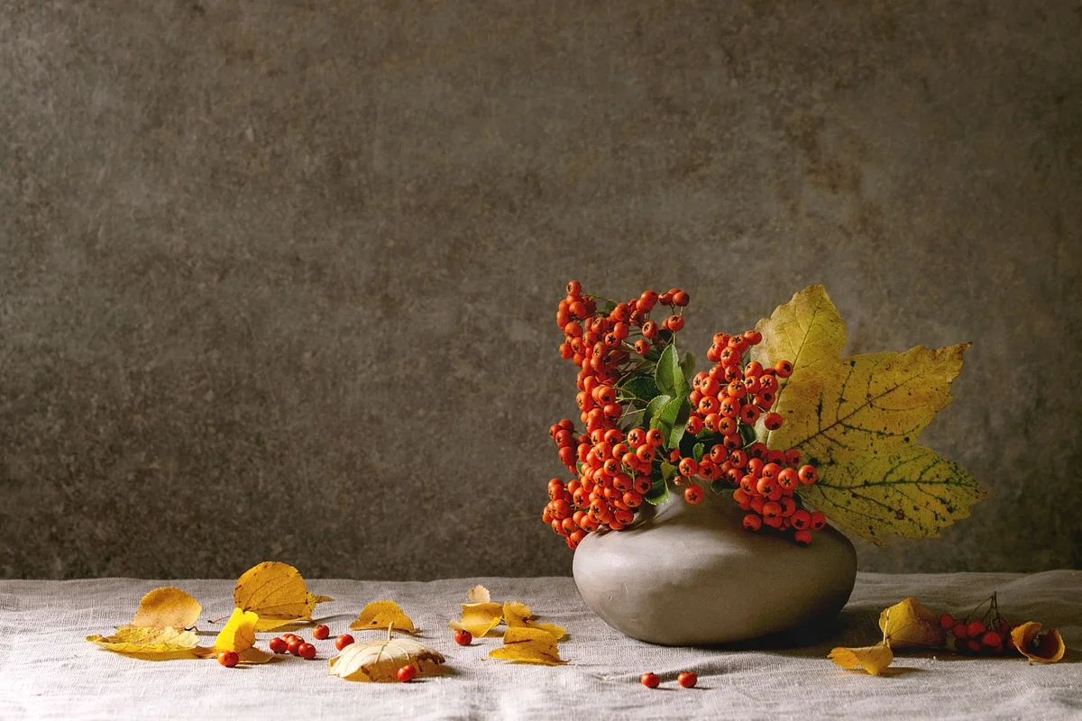 Autumn bouquet orange berries and yellow leaves in ceramic vase
