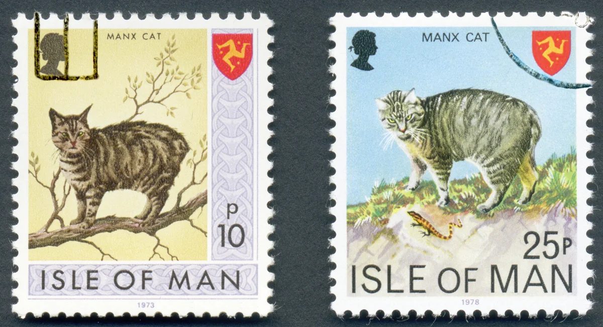 Two Isle of Man postage stamps with Manx cats