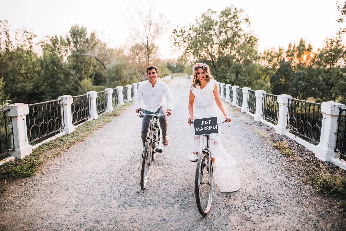 Just married couple in bikes