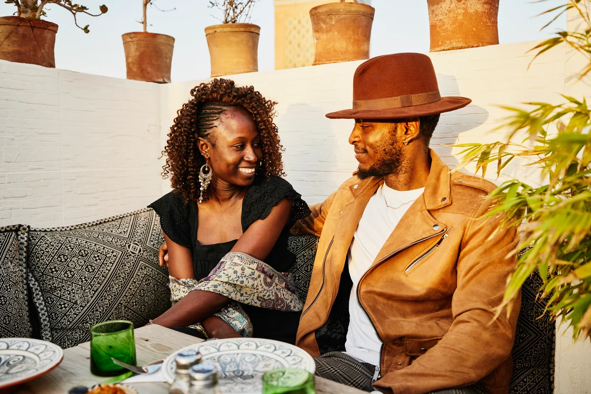 couple at a rooftop bar