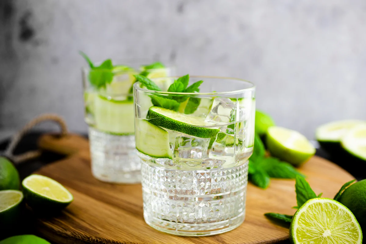 Gin tonic with lemon, mint and cucumber