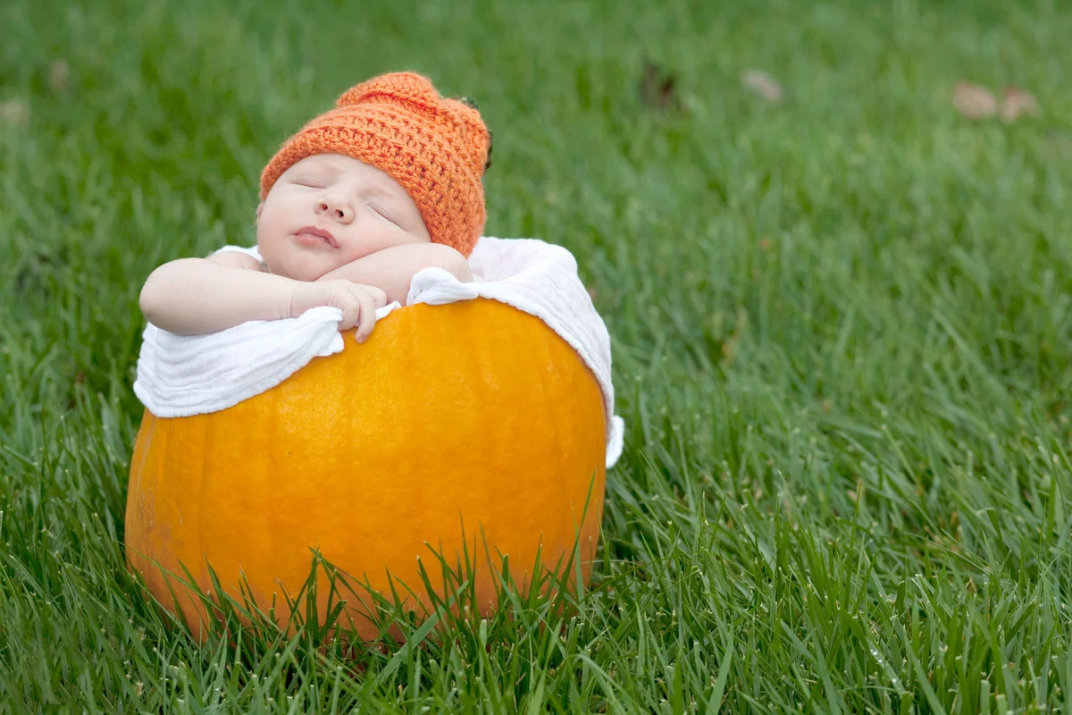 Newborn Baby Sleeping in Pumpkin