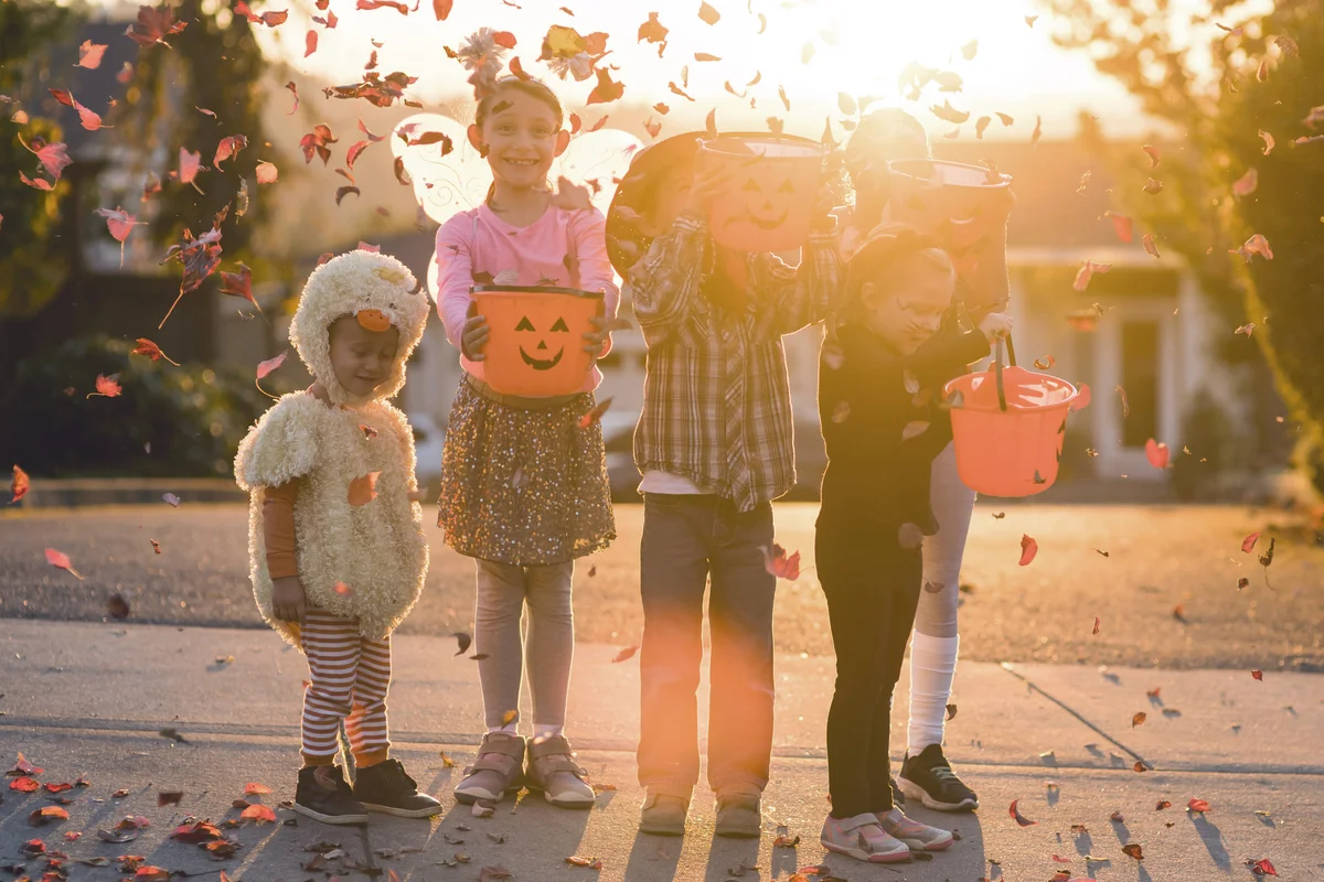 Group of kids trick or treating