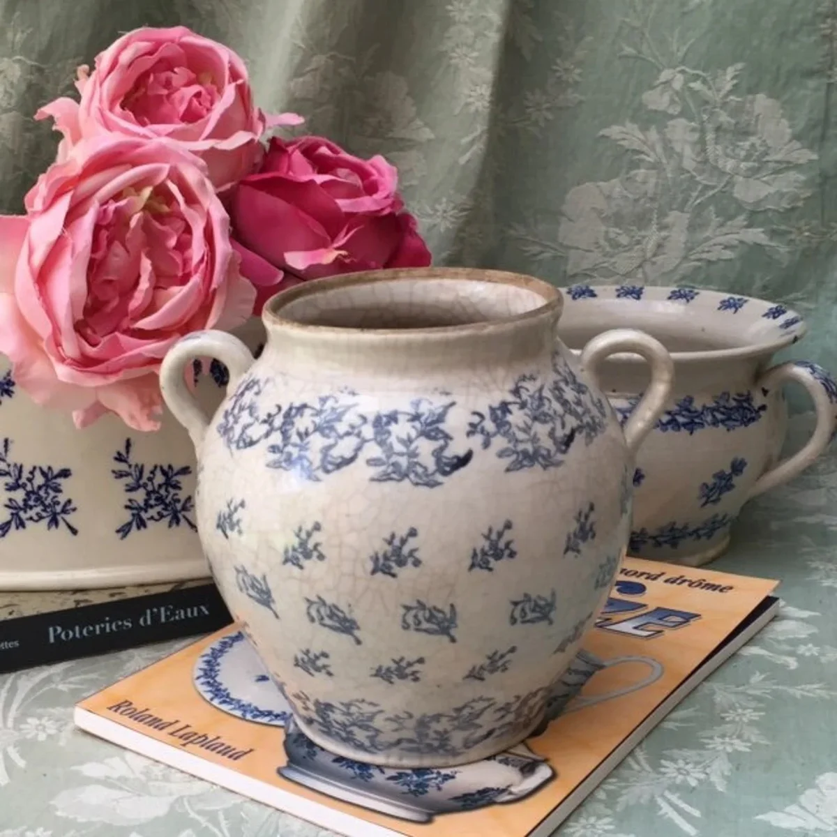 Antique French St Uze confit crock with floral design