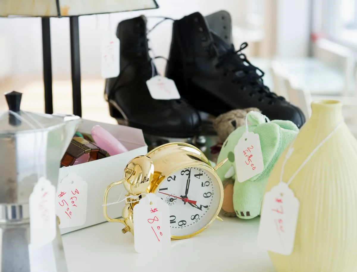 garage sale items with price tags