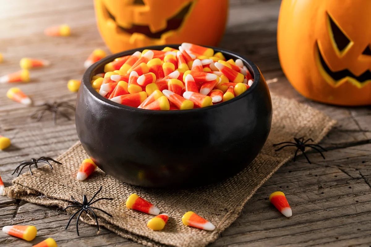 Bowl of Halloween Candy Corns and Jack O' Lantern
