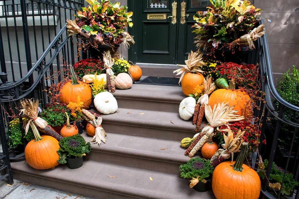 Display of Halloween pumpkins, squash, and Indian corn on doorsteps