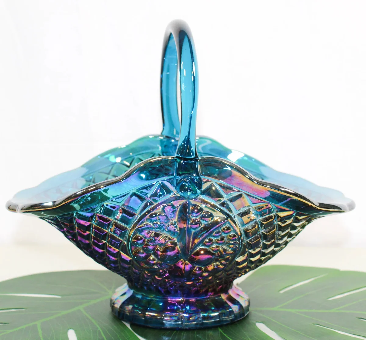Blue Vintage Carnival Glass Bowl/Basket With Handles & Ruffled Edge