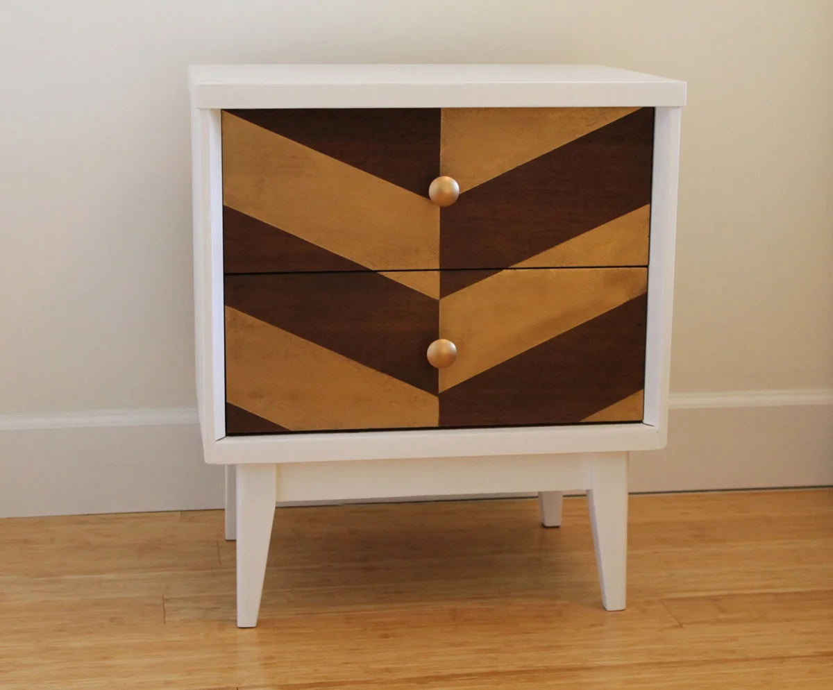 Mid Century Nightstand with Gold Herringbone Design