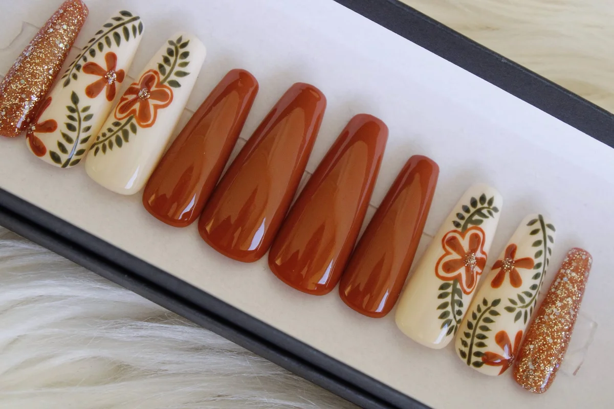 Burnt Orange Flower Press On Nails