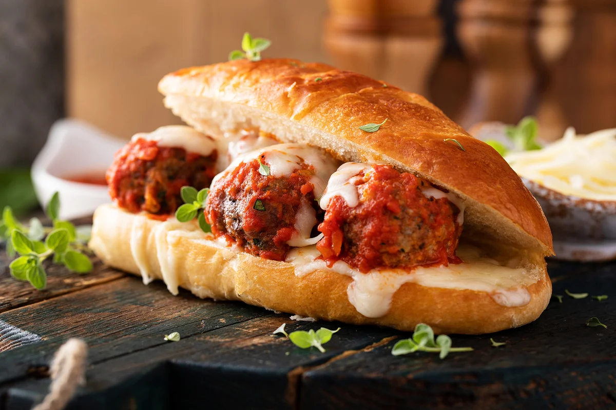 Meatball sub sandwich with marinara and mozzarella