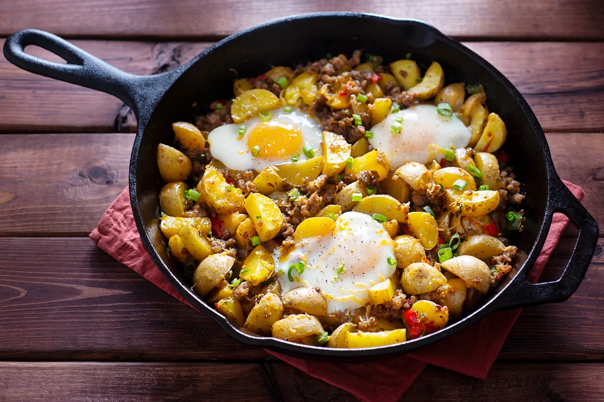 Potato, Egg and Sausage Breakfast Casserole in a Cast Iron Skillet