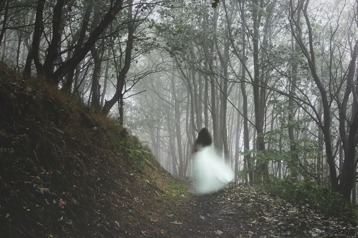 blurred ghostly woman wearing a white dress, running away from the camera