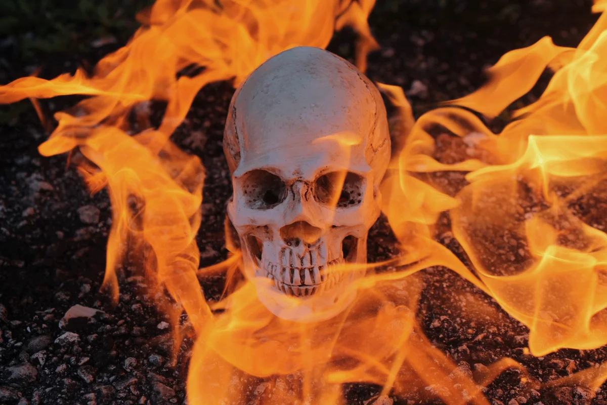 Close-Up Of Skull And Fire On Land
