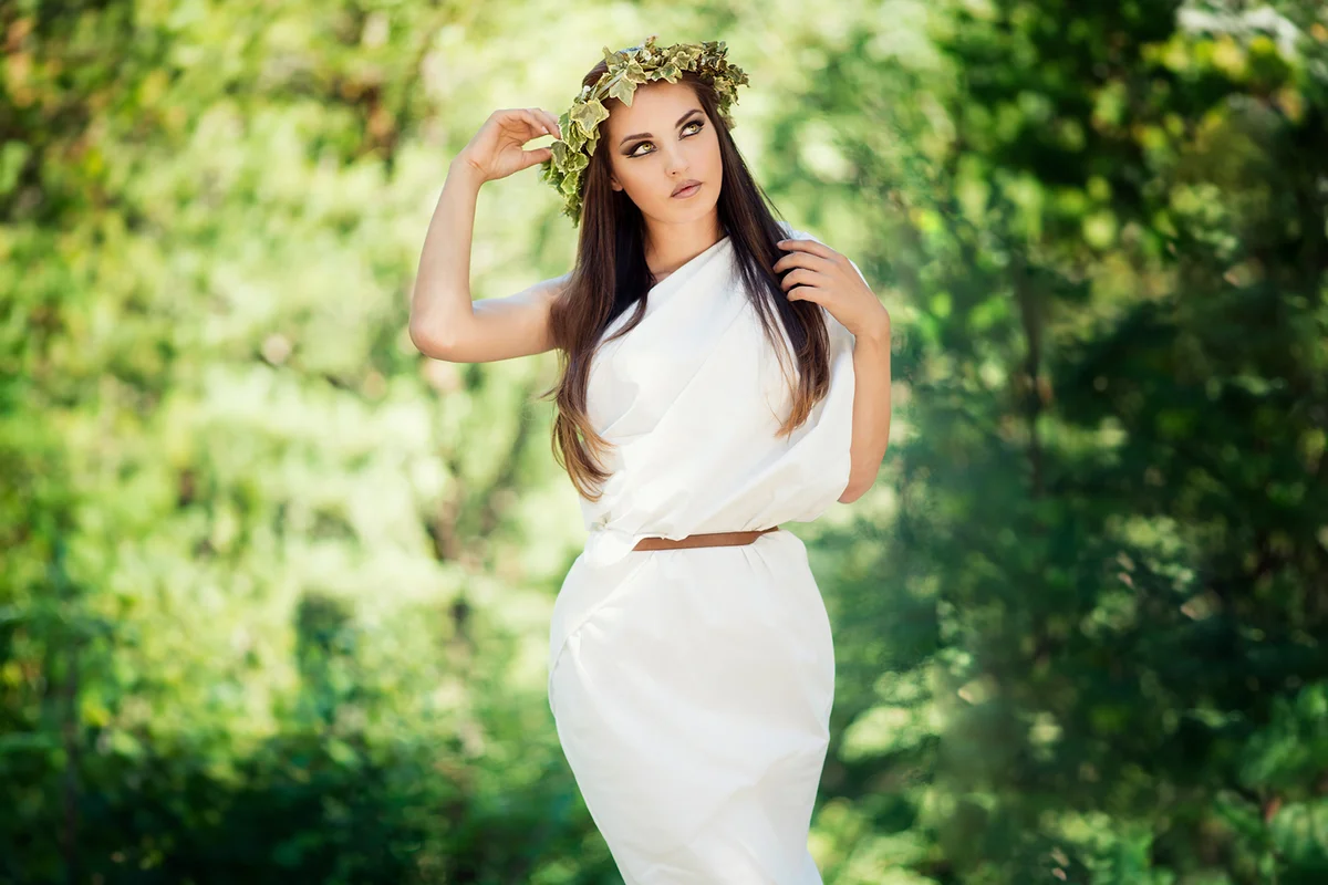 Magnificent Beautiful Girl with Wreath on Head Dressed like Goddess