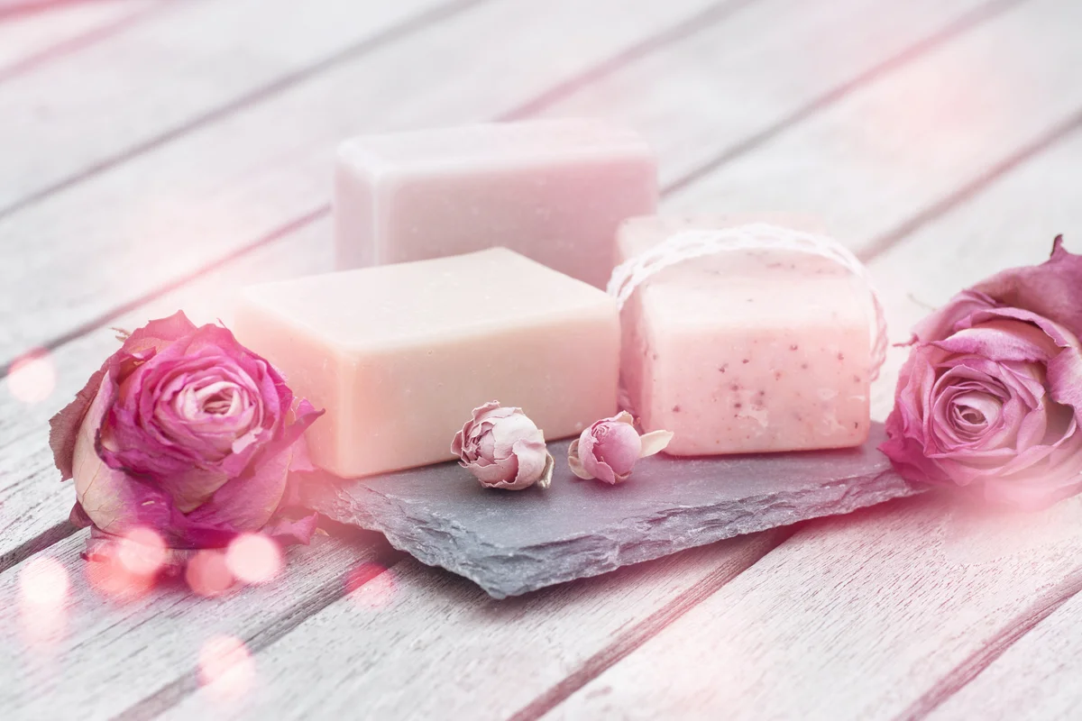 Rose soap and pink roses