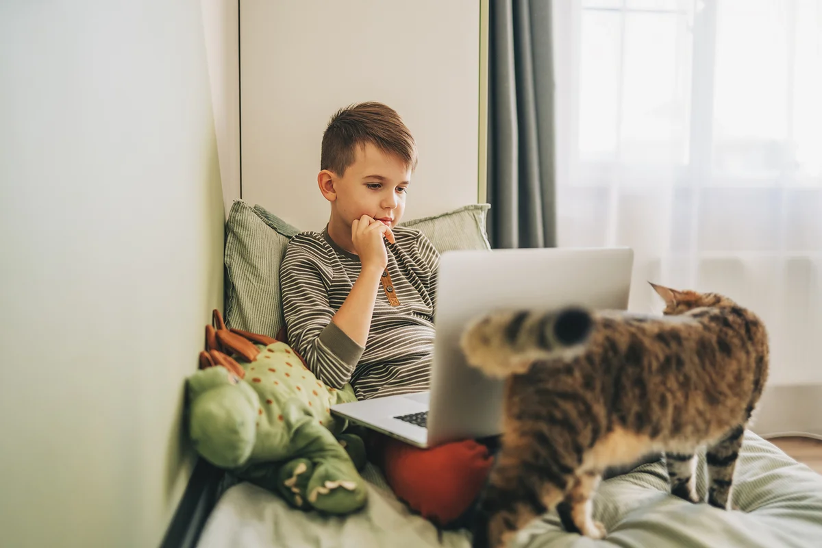 Cute boy lying on the bed at home and playing with pc