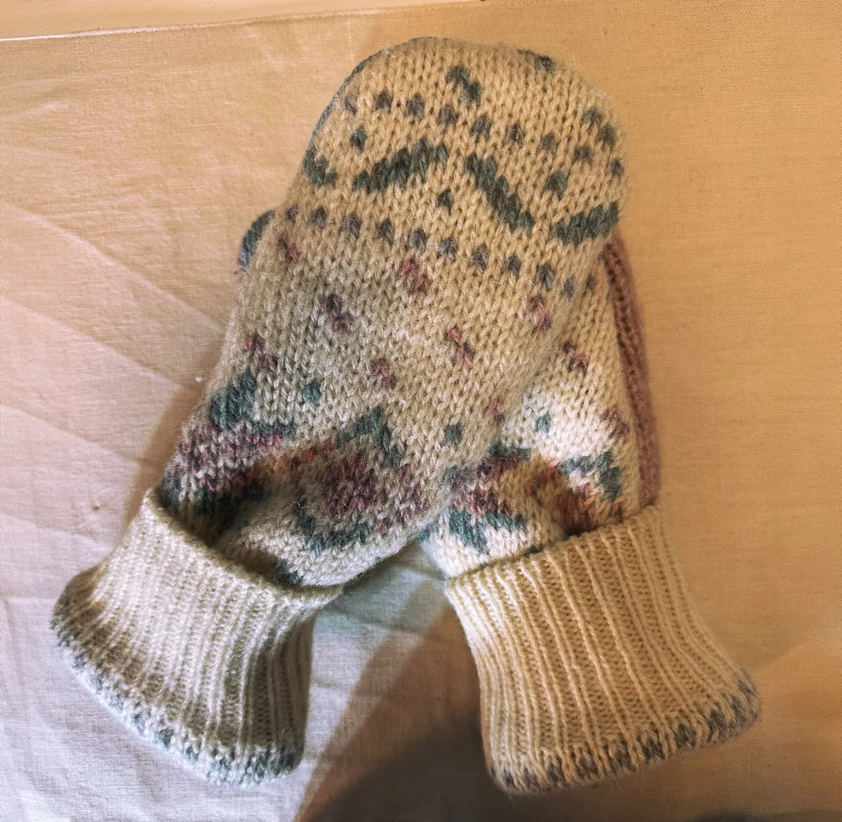 Pink Green and Cream Handmade Upcycled Sweater Mittens