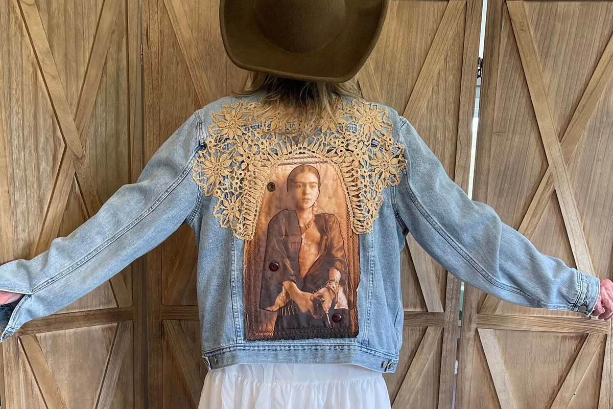 Upcycled denim jacket Frida Kahlo