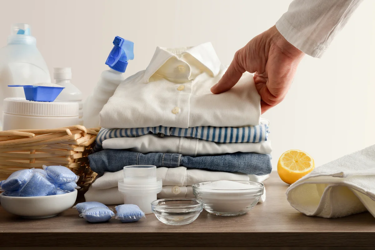 Products and person showing freshly washed clothes