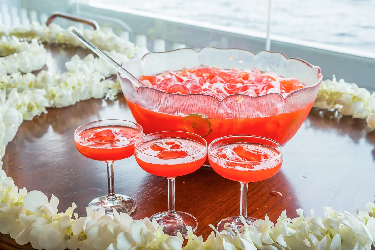 Fruit punch with ice served in beautiful big glass bowl