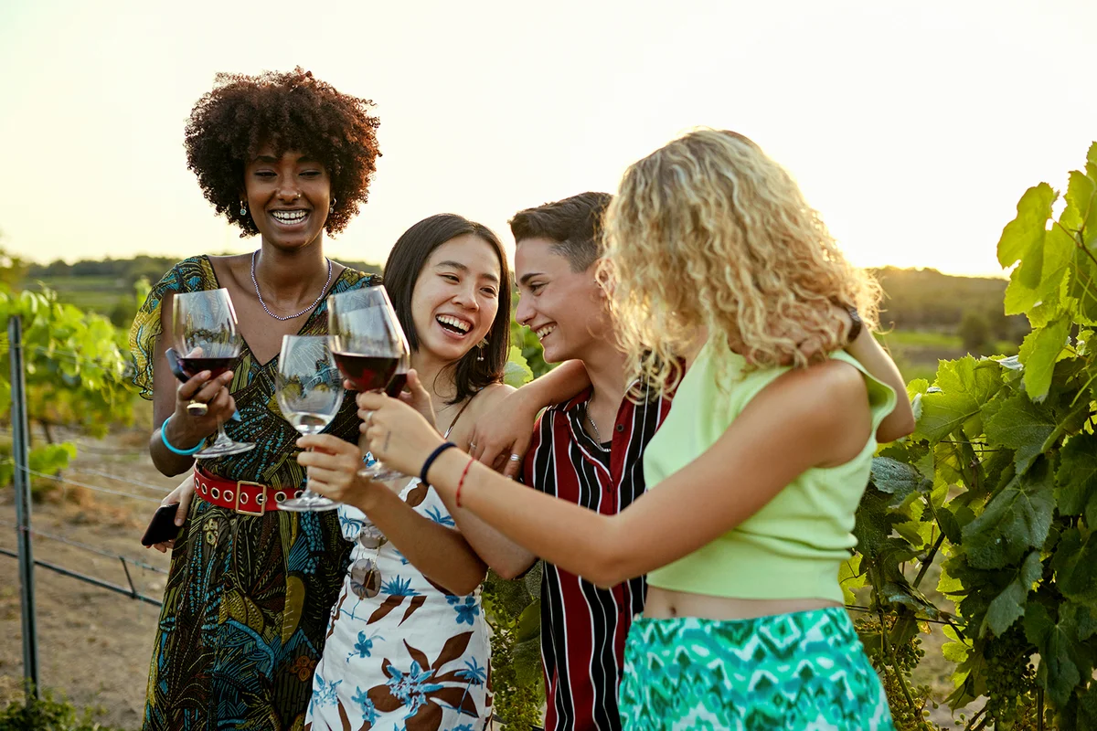 Young friends enjoying weekend getaway in wine country