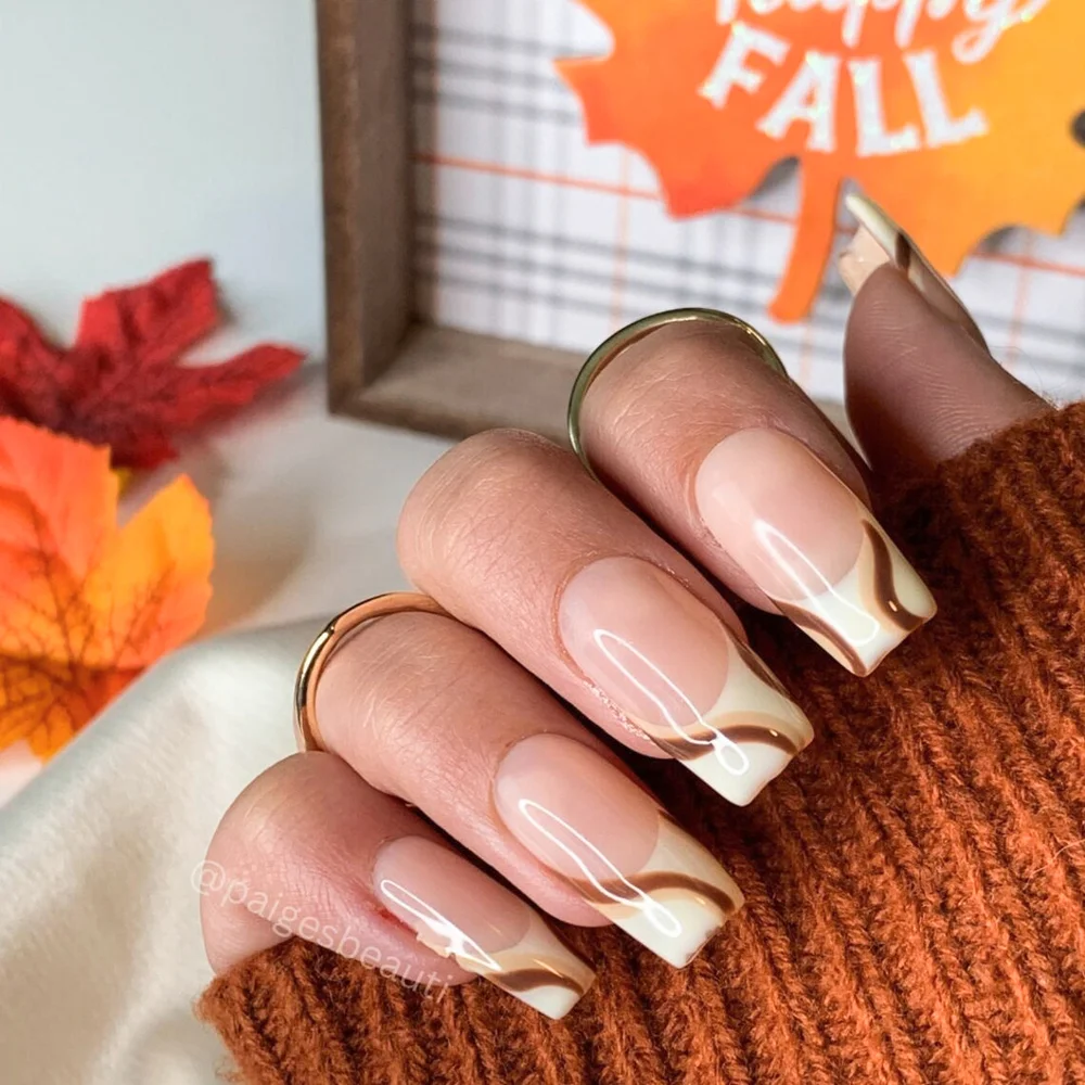Brown Swirl French Tip Nails
