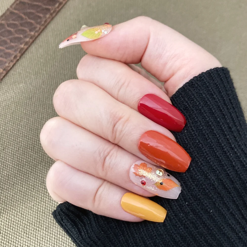 Fall Leaf Coffin Press On Nails with Orange Red and Yellow Leaves
