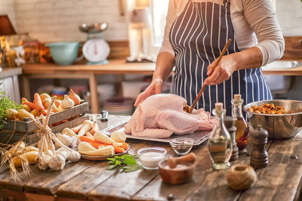 Woman preparing Stuffed Turkey