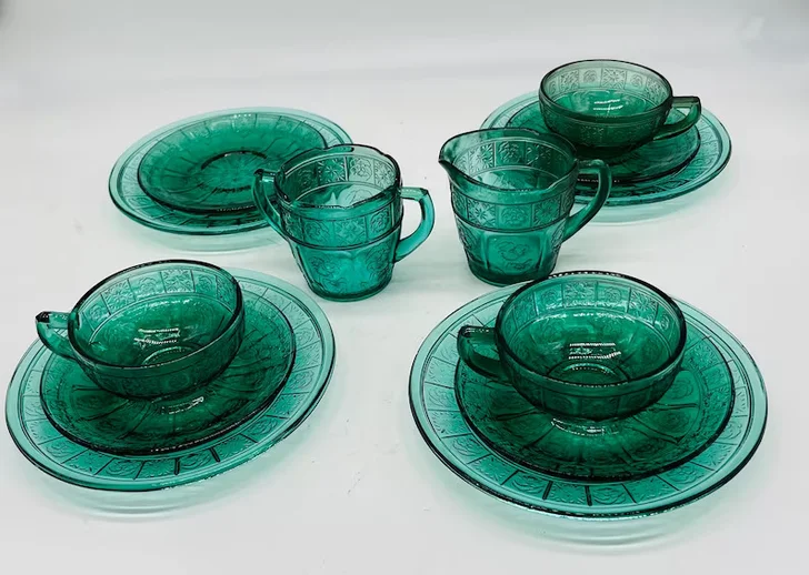 1930’s Jeanette Doric and Pansy Ultramarine Depression Glass Tea Service