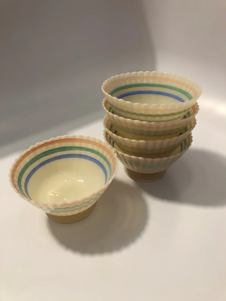 Macbeth Evans Cremax Pastel Band Petalware Sherbet Footed Dessert Bowls