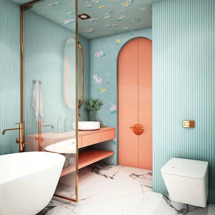 Floral Bath Mural Wallpaper Blue