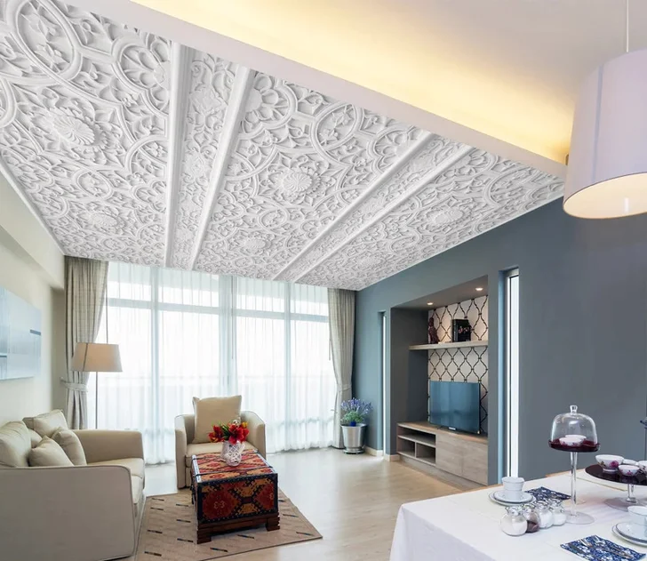 Room with Removable Self Adhesive Wallpaper on ceiling
