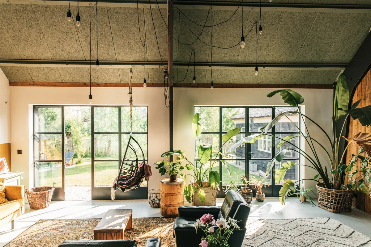 Interior of a Scandinavian, loft style, eclectic, boho living-room