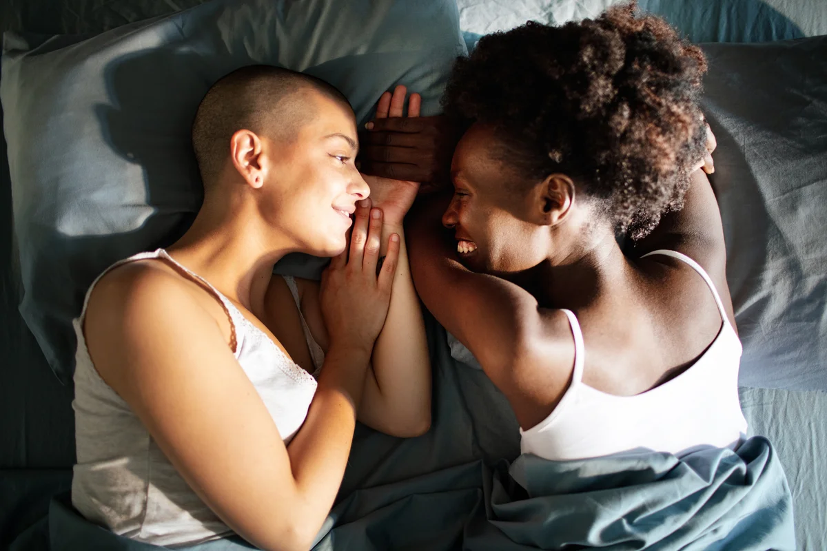 Young female couple in a bed in the bedroom