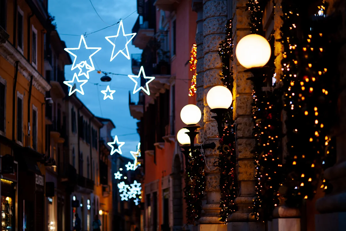 Christmas lights and decoration in the city, dusk time