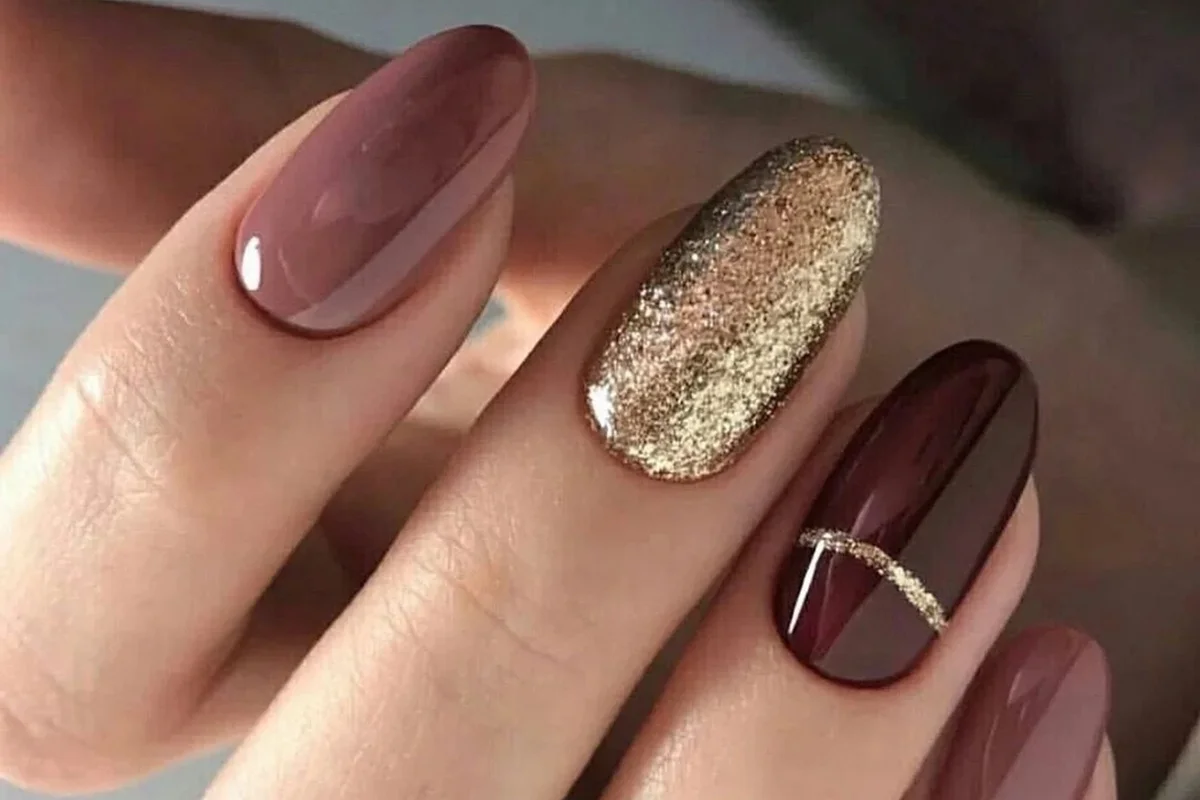 Burgundy Wine Rose Mauve Gold Glitter Press-On Nails