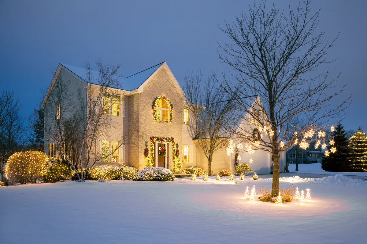 Christmas Decorated Home With Holiday Lighting, Snow