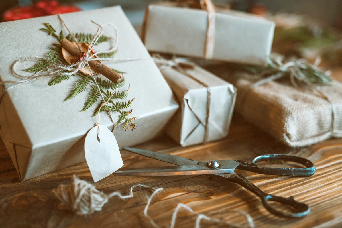 Christmas Gifts Packaged And Decorated With Organic Materials