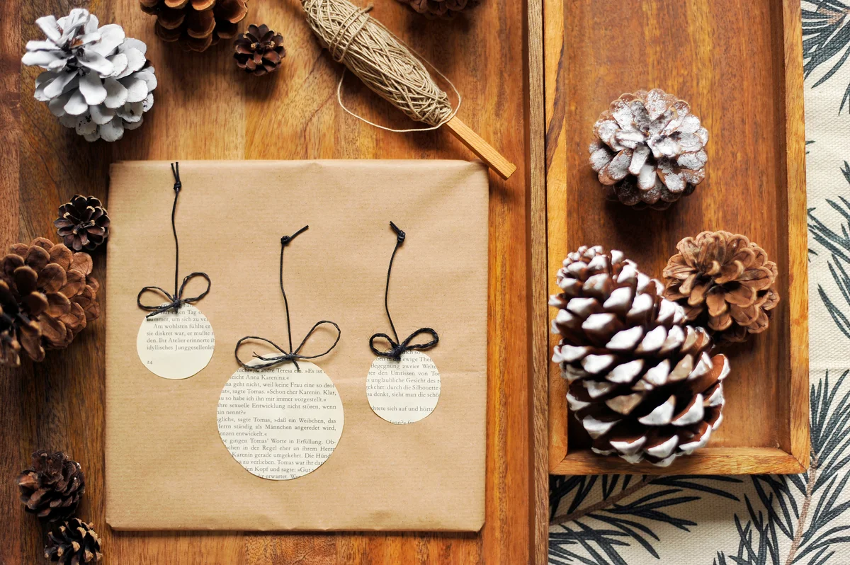 DIY wrapping paper made of book pages and string