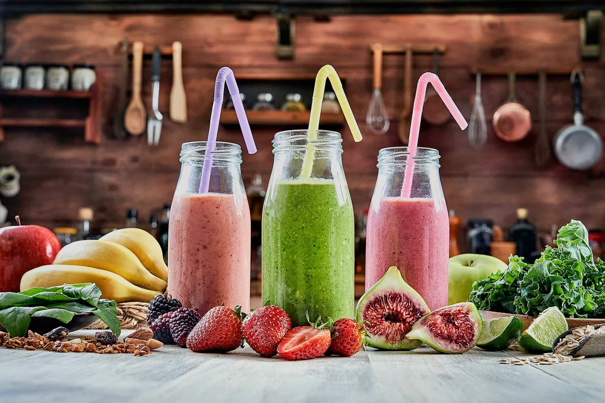 Set of three banana blackberry, strawberry and green detox smoothie