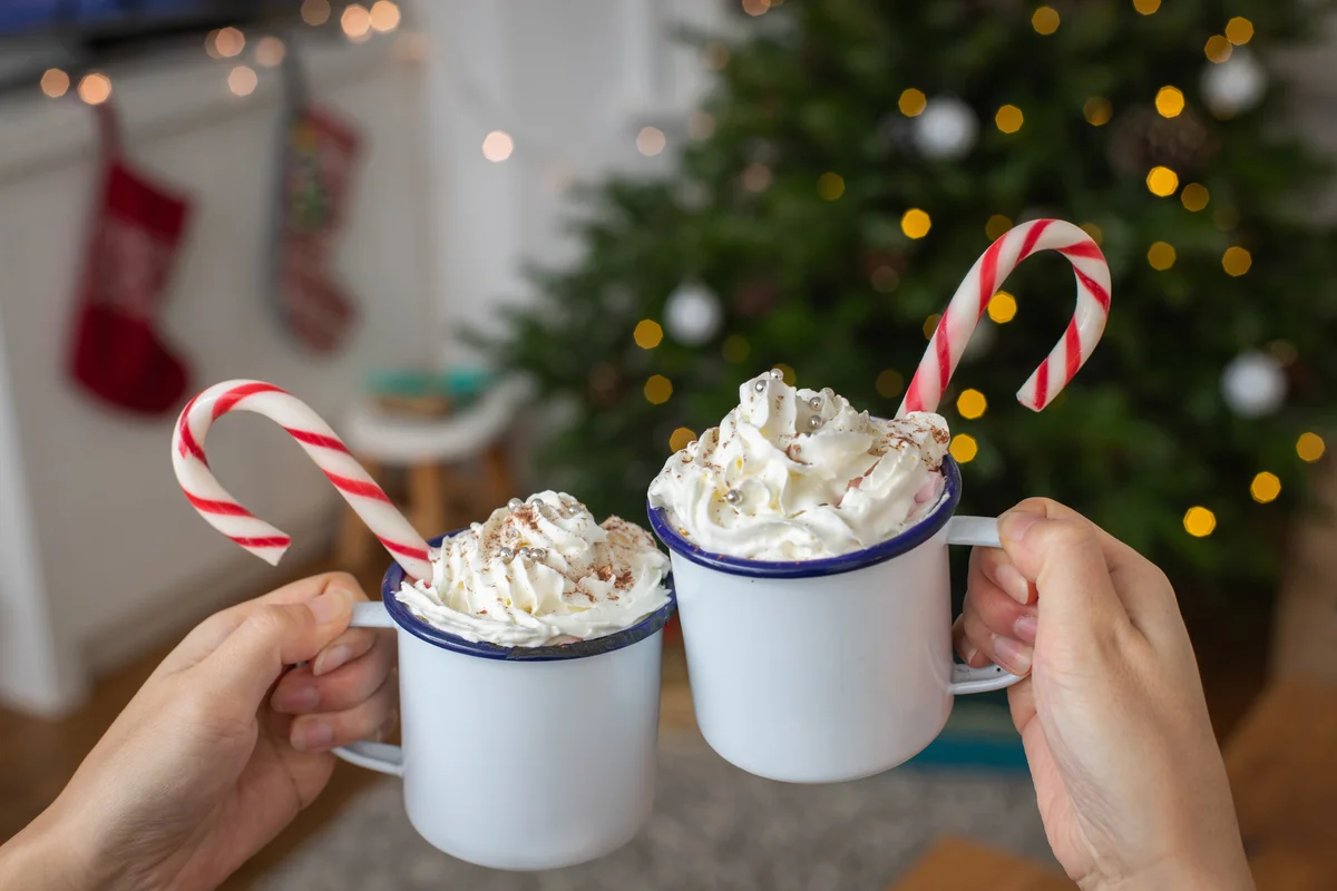 Christmas, mugs of egg nog with whipped cream and candy canes