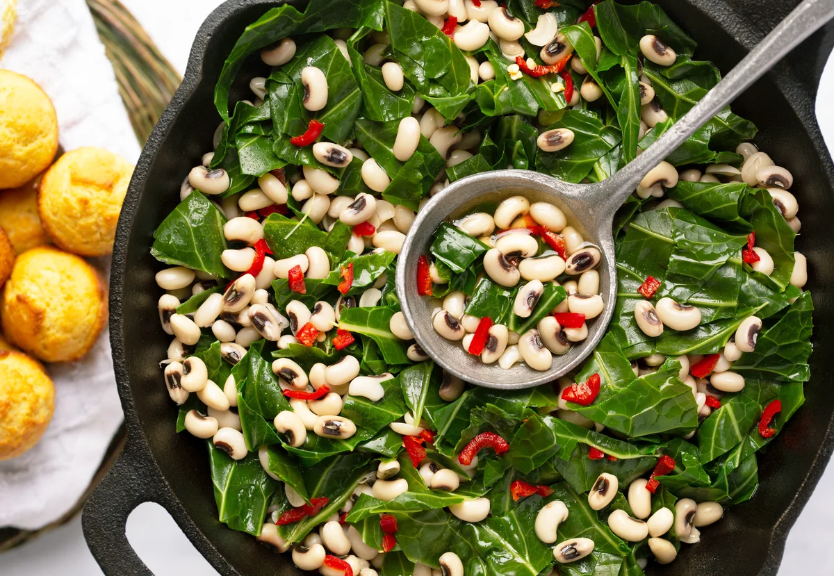 Southern dish of black-eye peas and collard greens