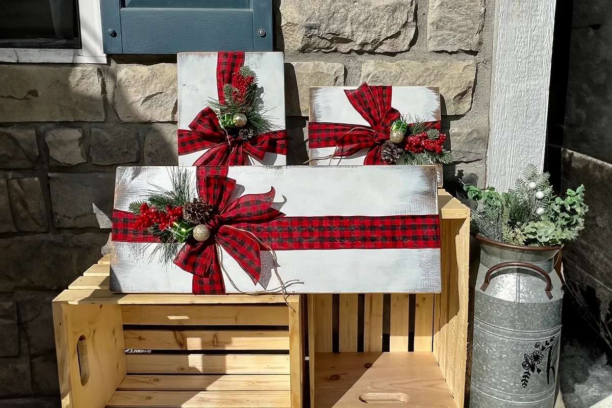 Farmhouse rustic faux wood presents. Christmas porch decor