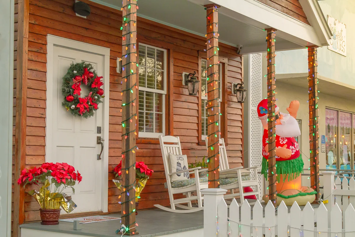 General landscape view of traditional architecture house decorated with Christmas Tropical Ornaments in Key West