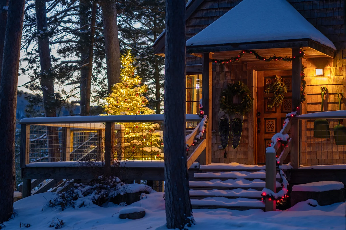 Christmas Tree on the Deck of a Rustic Rural home