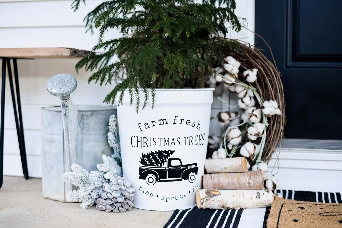 Farm Fresh Christmas Trees Metal Bucket White Christmas Tree