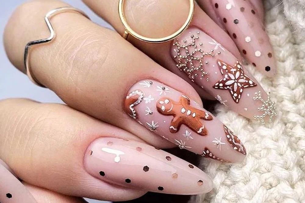 Pink Press On Nail Set with Brown Bear and Snowflake Pattern