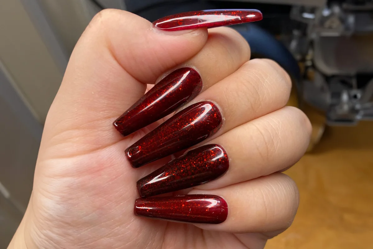 Ruby red glitz glitter nails-styled in long ballerina