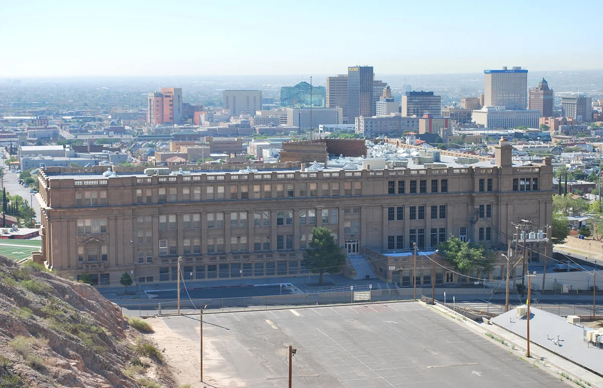 Picture of El Paso High School looking South with downtown El Paso and Juarez in background